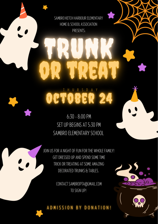 Come and join us for our Trunk or Treat on October 24th. Still lots of spots available for families or community members to participate!